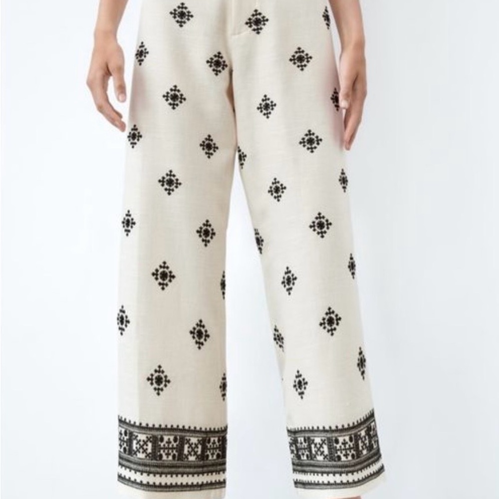Zara Cream Wide-Leg Embroidered Trousers with Black Motif